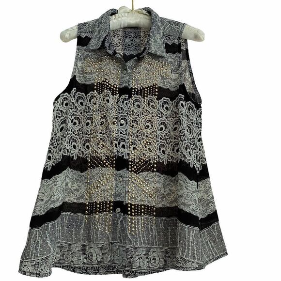 Anthropologie Black White Lace Gold Studs Blouse M - Picture 1 of 7